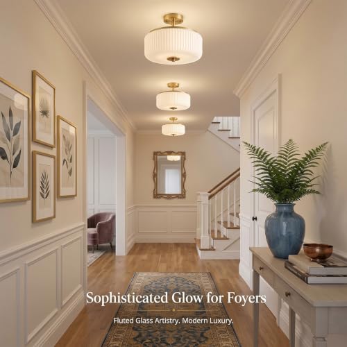 Gold & White Semi Flush Ceiling Light - 3 Light Schoolhouse Fixture with Ribbed Milk Glass Shade - Close to Ceiling Mount for Bedroom & Kitchen - Variation: Gold/White Semi
