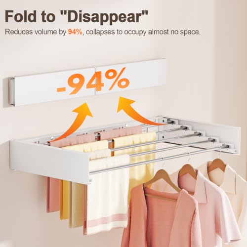 Wall Mounted Foldable Clothes Drying Rack White 32 Inch - Space Saving Laundry Storage with 5 Rods - Collapsible & Invisible Design