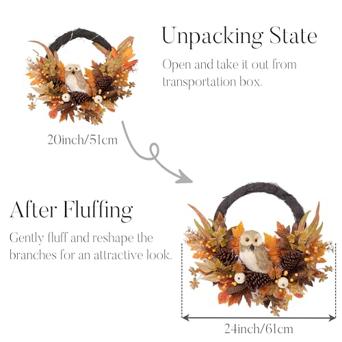 Valery Madelyn 24-Inch Collapsible Fall Wreath with Owl & Pumpkin for Front Door