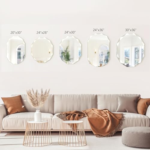 24x30 Inch Frameless Bathroom Mirror - Round, Diamond Beveled Edge, Wall Mount, Over Sink, 30L x 24W - Gray Finish