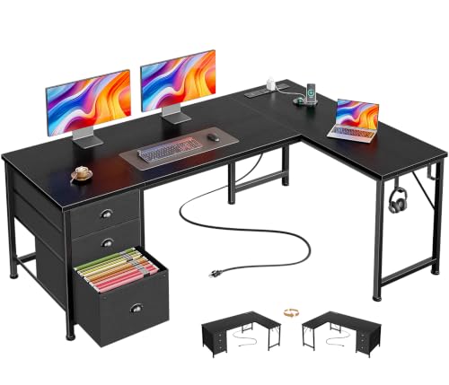 Furologee 63-Inch L Shaped Corner Desk with Outlets - Black