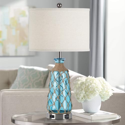 Teal Coastal Glass Table Lamps Set of 2 with USB & AC Outlet - 25.5" Bedside Touch Lamps