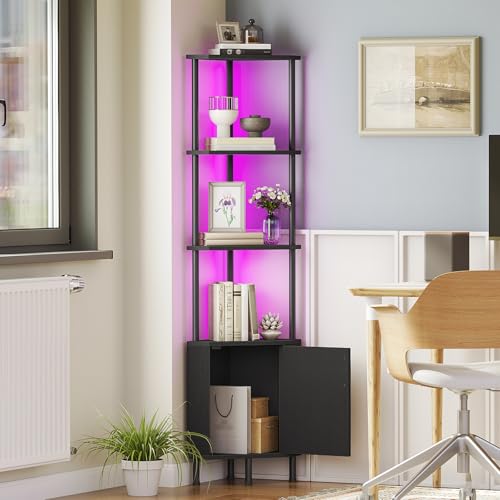 HOOBRO Black Corner Shelf Cabinet with LED Light, 5-Tier Industrial Storage