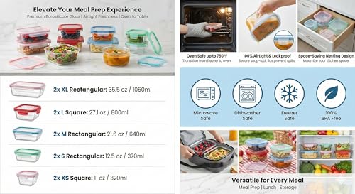 20-Piece Glass Food Storage Containers Set with Leakproof Lids & Oven Gloves