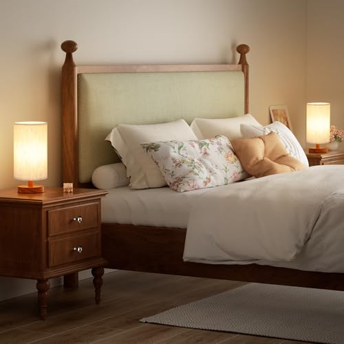 Fenmzee Cream Shade Small Desk Lamps Set of 2 with Walnut Bases, 9-Inch, Inline Control