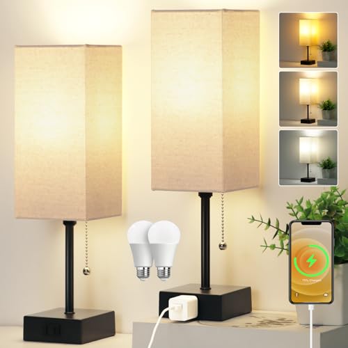 Black Linen 15-Inch Bedside Table Lamp with 3 Color Modes & USB Outlet