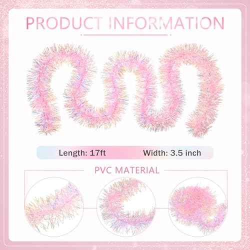 Pink Tinsel Garland Pink Glittering Decoration Metallic Garland for Valentine Birthday Wedding Party Easter Halloween Holiday Festivities Indoor Outdoor Home Christmas Decor Supplies (17 ft)