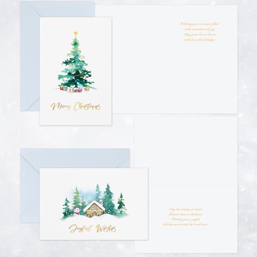 Flyab 24 Watercolor Christmas Cards Set with Gold Foil - Merry & Bright
