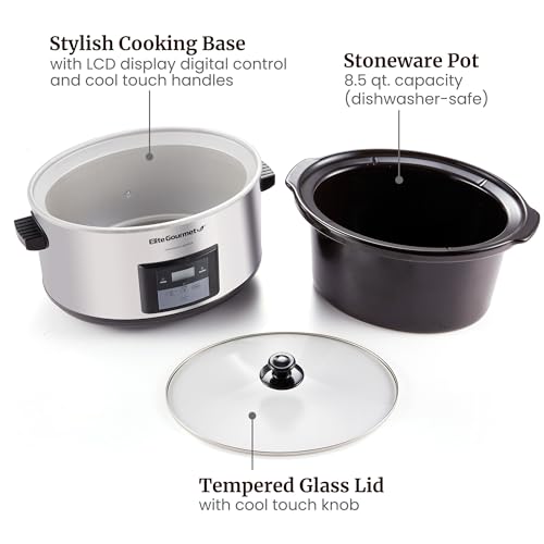 Elite Gourmet 8.5 Qt Digital Slow Cooker - Stainless Steel/Black Programmable