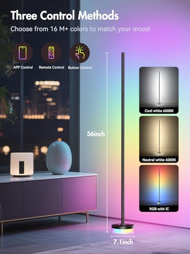Corner Floor Lamp 1 Pack - RGBICW LED Smart Standing Light with Remote & App Control