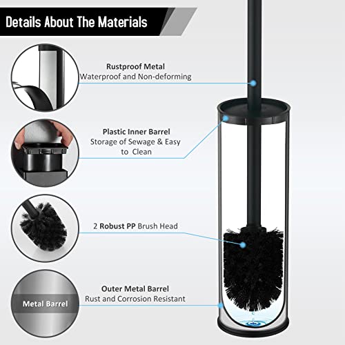 Matte Black Stainless Steel Toilet Brush with Holder & 2 Black Bristle Heads