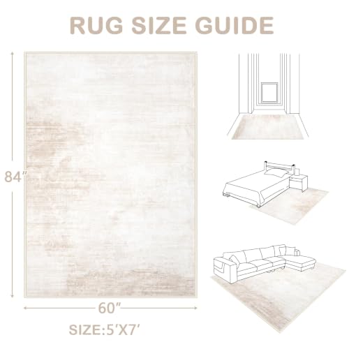 Beige 5x7 Washable Modern Abstract Area Rug Non-Slip Soft Indoor Carpet for Living Room, Bedroom, Kitchen, Office - Rectangular