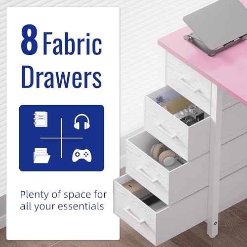 Pink 47-Inch Computer Desk with 8 Fabric Drawers for Home Office & Gaming