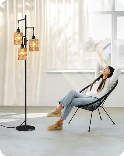 GOEBLESON Farmhouse Dimmable Floor Lamp Tall Standing Tree Lamp with Rope Woven Shades - 70.3" Boho Rattan Floor Light for Living Room Bedroom Office