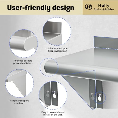 Hally 12x48 Inch Stainless Steel Wall Shelf 2 Pack Commercial Grade NSF