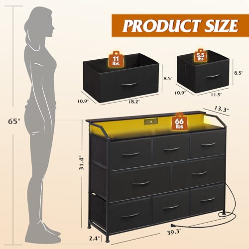 WLIVE Black LED Dresser with 8 Drawers, Outlet & USB Charging Station