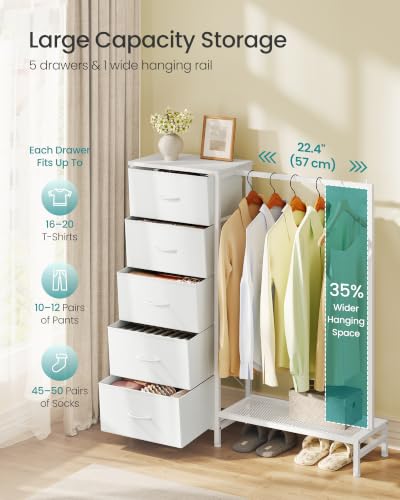 SONGMICS Cloud White Dresser with Hanging Rod & 5 Fabric Drawers, Adjustable Storage