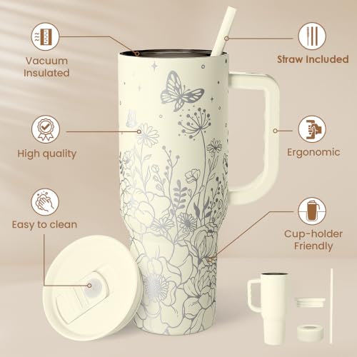 Floral 40oz Insulated Stainless Steel Travel Mug with Handle for Coffee & Drinks - Gift for Women & Girls