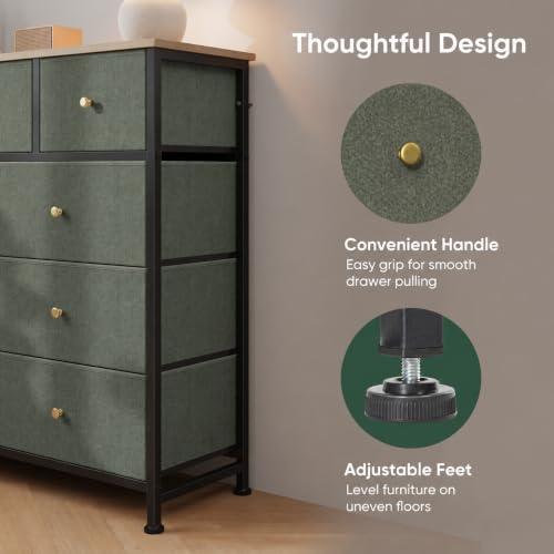 Sage Green Fabric Dresser with 9 Drawers - Bedroom Storage Tower, 11.8"D x 39.4"W x 40.2"H