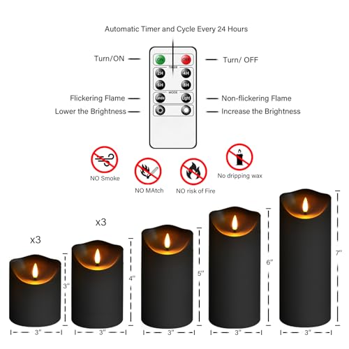 Eebuss Black Flameless Candles with Remote & Timer - Battery Operated LED Set, 9 Pack