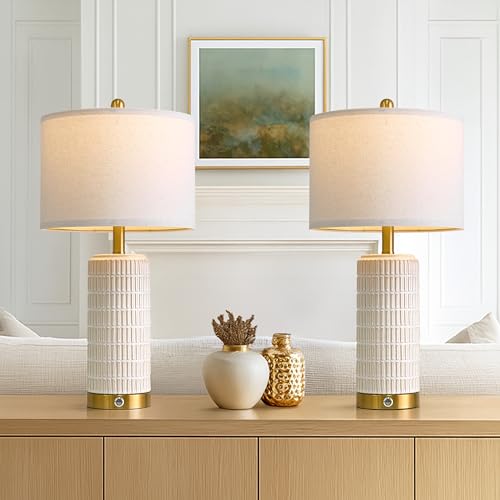 PoKat Touch Bedside Table Lamps with 2 USB Ports - Beige & White, 25 Inch