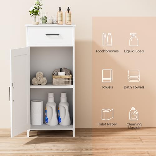 Homhedy White Bathroom Storage Cabinet with Drawer & Adjustable Shelf - Corner Fit