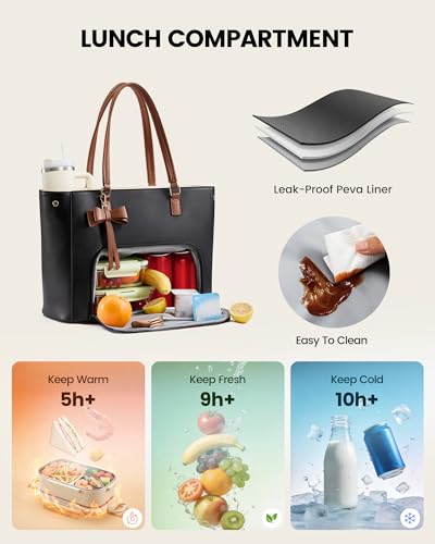 3-in-1 Work Tote Bag with Lunch Compartment for Women - Black, 15.6 Inch