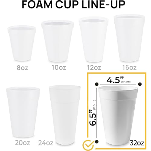 50 Pack 32 Oz Styrofoam Cups with Lids - Large Disposable Foam Cups for Hot & Cold Drinks - Made in USA