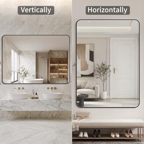 30x55 Inch Black Metal Framed Bathroom Mirror - Tempered Glass, Anti-Rust, Rounded Rectangle