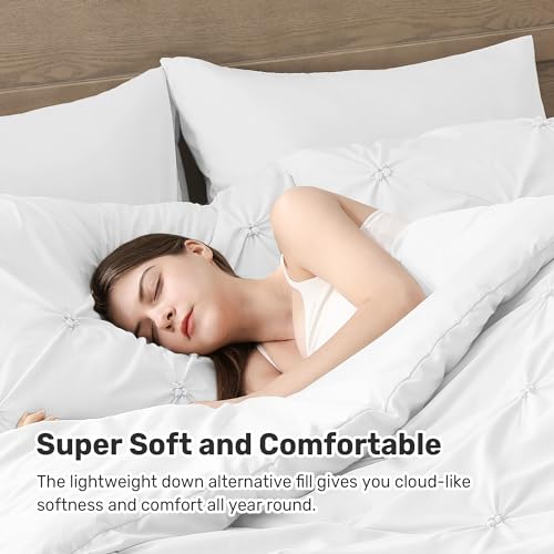 King Size White Comforter Set - Ultra Soft Boho Pintuck Bedding 3 Pieces - All Seasons Variation 01 White King 104x92