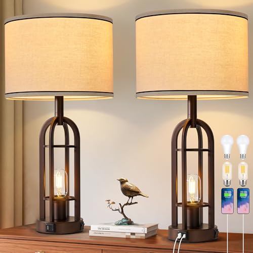 SRJJA 24-Inch Farmhouse Table Lamps Set of 2 with USB-A+C & 2-Button Switch - Bronze Variation