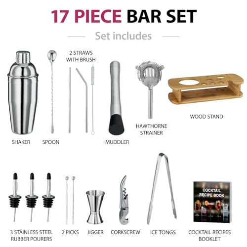 FineDine Stainless Steel Cocktail Shaker Set with Bartender Tools & Wooden Stand