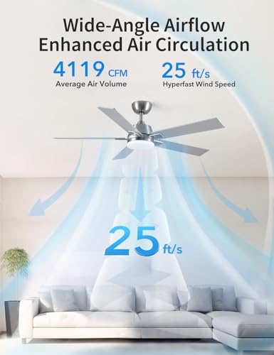 52 Inch Ceiling Fan with Lights and Remote - Nickel Finish, Downrod Mount, Reversible Blades
