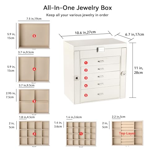 Pearl White 6-Layer Jewelry Box for Women, Large Organizer with Mirror & Drawers