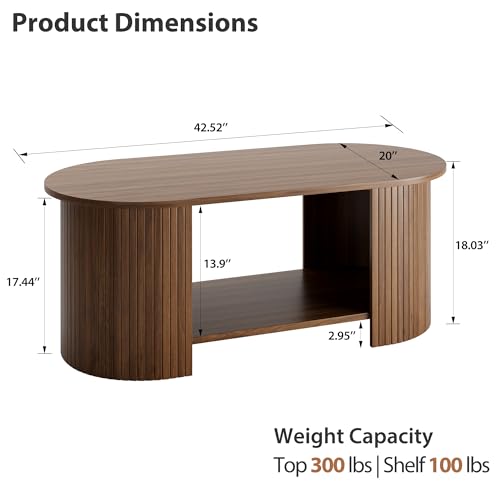 Walnut 42-Inch Oval Fluted Coffee Table with Two-Tier Storage - Mid-Century Modern Wood