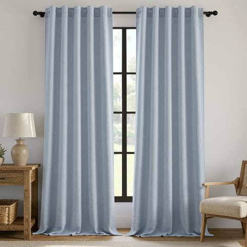 Chambray Blue Linen Textured Semi Sheer Curtains Set of 2 - 42W x 96L, Farmhouse & Living Room