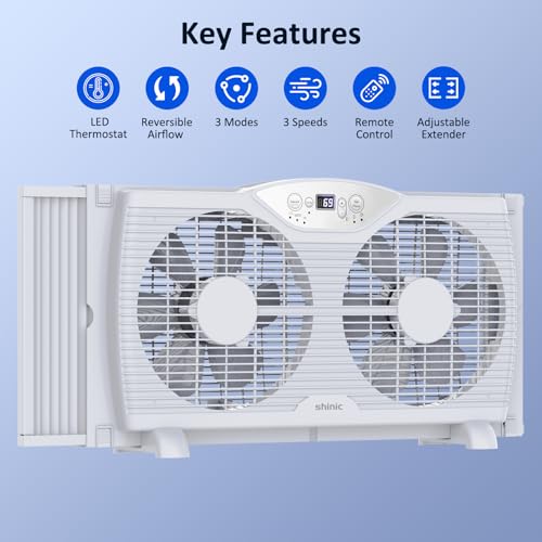 Shinic Twin Window Fan with 9-Inch Blades, Reversible Airflow & Thermostat