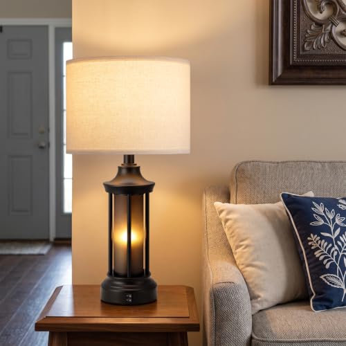 Seealle 24-inch Farmhouse & Industrial Table Lamps Set of 2 - Oat Shade & Black Base