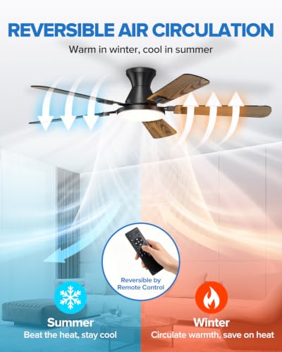 52-Inch Ceiling Fan with Lights and Remote Control - Black/Wood Grain Flush Mount