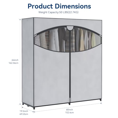 Light Grey 60-Inch Portable Clothes Closet with Cover & Metal Rack