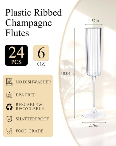 Clear Plastic Champagne Flutes 6 Oz - 24 Pack for Weddings & Parties