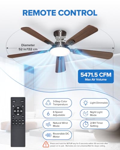 52-Inch Ceiling Fan with Lights and Remote Control - Brown, Flush Mount, 6 Speeds