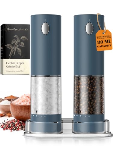 Rechargeable Electric Salt and Pepper Grinder Set - Blue 2-Pack with Adjustable Coarseness