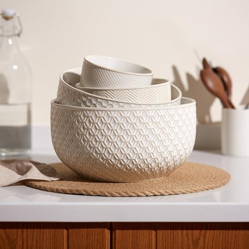 KooK Ceramic Nesting Bowls Set of 4 - Embossed Ivory Oven Safe Kitchenware