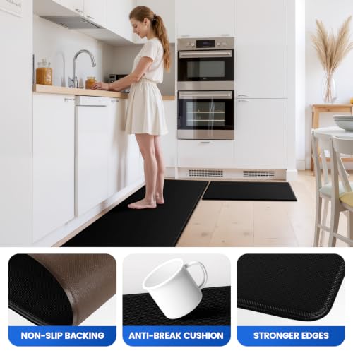 KitchenClouds Black 3-Pack Cushioned Non-Slip Kitchen Floor Mats - Easy-Clean Rugs