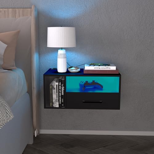Homaterial Floating Nightstand with Charging Station & Lights, Black