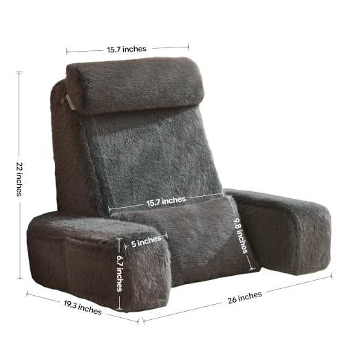 Gray 22-Inch XL Reading Pillow Bed Support with Armrests & 60° Backrest
