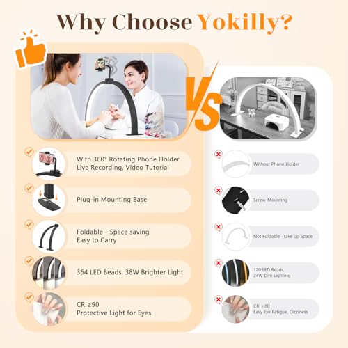 Yokilly 29 Inch Black Foldable Half Moon Nail Desk Light with 360° Phone Holder