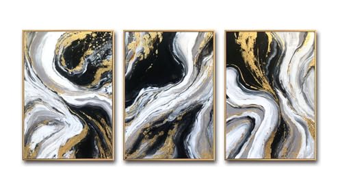 Black White and Gold 3-Piece Abstract Wall Art Set - 16x24 Inch Framed Canvas