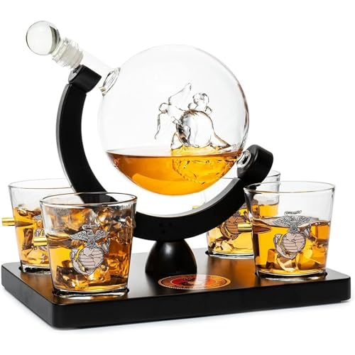 USMC Whiskey Decanter Set with Globe & Glasses - Military Gift for Men